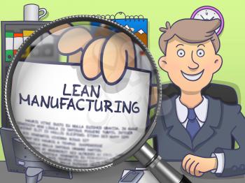 Lean Manufacturing. Cheerful Officeman Sitting in Office and Holding a Paper with Concept through Magnifier. Multicolor Doodle Style Illustration.