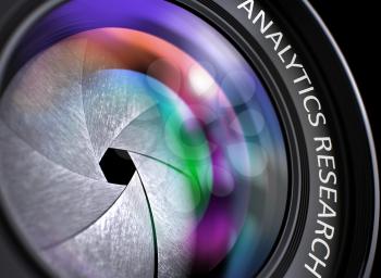 Analytics Research Written on Black Digital Camera Lens with Shutter. Colorful Lens Reflections. Closeup View. Analytics Research - Concept on Lens of Camera, Closeup. 3D Illustration.