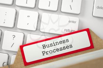 Business Processes. Red Index Card Concept on Background of Modern Metallic Keyboard. Business Concept. Closeup View. Blurred Illustration. 3D Rendering.