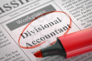Divisional Accountant - Small Advertising in Newspaper, Circled with a Red Highlighter. Blurred Image. Selective focus. Hiring Concept. 3D Illustration.