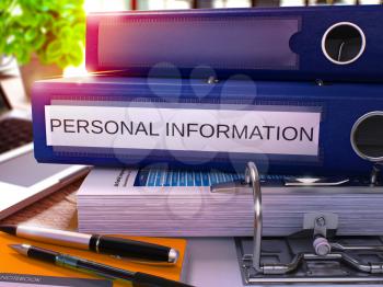 Personal Information - Blue Office Folder on Background of Working Table with Stationery and Laptop. Personal Information Business Concept on Blurred Background. Personal Information Toned Image. 3D.