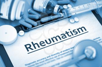 Rheumatism Diagnosis, Medical Concept. Composition of Medicaments. Rheumatism - Medical Report with Composition of Medicaments - Pills, Injections and Syringe. 3D Render.