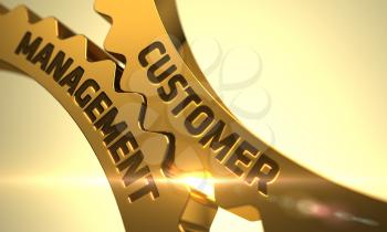 Customer Management - Concept. Customer Management on Mechanism of Golden Metallic Cog Gears with Lens Flare. Customer Management on the Golden Cogwheels. 3D.