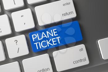 Plane Ticket Concept: Modern Keyboard with Plane Ticket, Selected Focus on Blue Enter Button. Plane Ticket Key on Slim Aluminum Keyboard. Aluminum Keyboard with Hot Keypad for Plane Ticket. 3D.