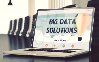 Big Data Solutions on Landing Page of Mobile Computer Screen. Closeup View. Modern Conference Hall Background. Blurred. Toned Image. 3D Render.