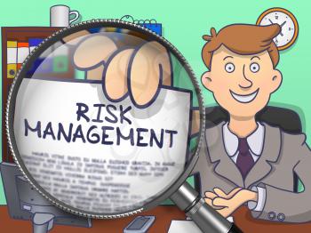 Risk Management on Paper in Man's Hand through Lens to Illustrate a Business Concept. Multicolor Doodle Illustration.