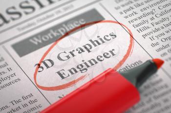 Newspaper with Jobs Section Vacancy 3D Graphics Engineer. Blurred Image with Selective focus. Concept of Recruitment. 3D Render.