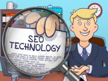 SEO Technology through Magnifying Glass. Man Holding a Paper with Inscription. Closeup View. Multicolor Modern Line Illustration in Doodle Style.
