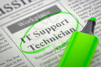 IT Support Technician. Newspaper with the Jobs Section Vacancy, Circled with a Green Highlighter. Blurred Image with Selective focus. Job Seeking Concept. 3D.