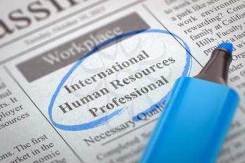 Newspaper with Job Vacancy International Human Resources Professional. Blurred Image. Selective focus. Hiring Concept. 3D Render.