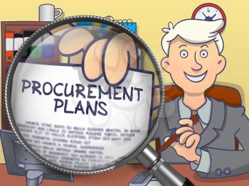 Officeman in Office Workplace Holding a Paper with Text Procurement Plans. Closeup View through Magnifying Glass. Colored Modern Line Illustration in Doodle Style.