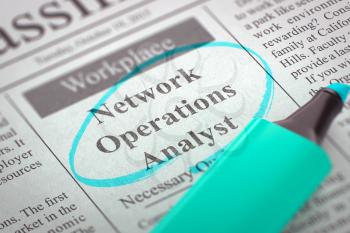 Network Operations Analyst - Jobs in Newspaper, Circled with a Azure Highlighter. Blurred Image. Selective focus. Job Seeking Concept. 3D Rendering.