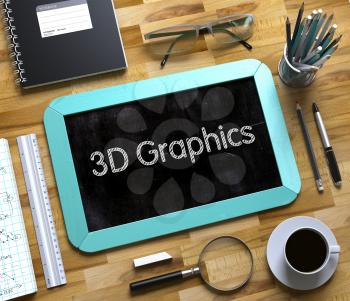 3D Graphics Concept on Small Chalkboard. Mint Small Chalkboard with Handwritten Business Concept - 3D Graphics - on Office Desk and Other Office Supplies Around. Top View. 3d Rendering.