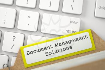 Document Management Solutions. Yellow Sort Index Card on Background of White PC Keypad. Business Concept. Closeup View. Blurred Illustration. 3D Rendering.