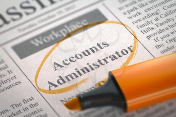 Accounts Administrator. Newspaper with the Small Ads of Job Search, Circled with a Orange Marker. Blurred Image. Selective focus. Concept of Recruitment. 3D Illustration.