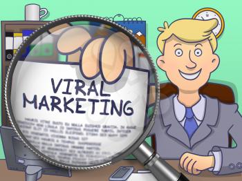 Viral Marketing on Paper in Man's Hand to Illustrate a Business Concept. Closeup View through Magnifying Glass. Multicolor Doodle Illustration.