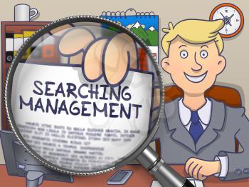 Searching Management through Magnifying Glass. Officeman Holds Out a Paper with Business Concept. Closeup View. Multicolor Doodle Illustration.