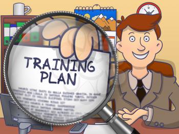 Training Plan. Businessman in Office Workplace Shows through Magnifying Glass Text on Paper. Multicolor Doodle Illustration.