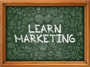 Learn Marketing - Hand Drawn on Chalkboard. Learn Marketing with Doodle Icons Around.