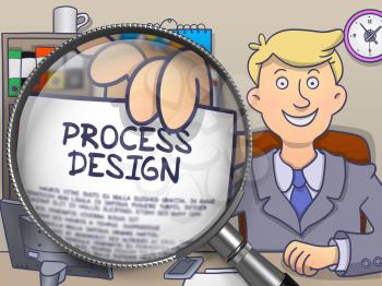 Man in Suit Shows Paper with Process Design Concept through Lens. Closeup View. Colored Modern Line Illustration in Doodle Style.