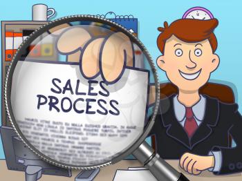 Sales Process. Concept on Paper in Man's Hand through Magnifier. Colored Doodle Illustration.