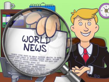 World News. Happy Business Man in Office Workplace Holding a Paper with Concept through Magnifier. Multicolor Doodle Illustration.