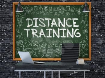 Hand Drawn Distance Training on Green Chalkboard. Modern Office Interior. Dark Brick Wall Background. Business Concept with Doodle Style Elements. 3D.