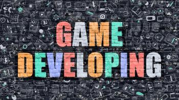 Game Developing. Multicolor Inscription on Dark Brick Wall with Doodle Icons. Game Developing Concept in Modern Style. Doodle Design Icons. Game Developing on Dark Brickwall Background.