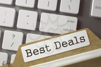 Best Deals. Card Index on Background of White PC Keyboard. Business Concept. Closeup View. Blurred Toned Image. 3D Rendering.