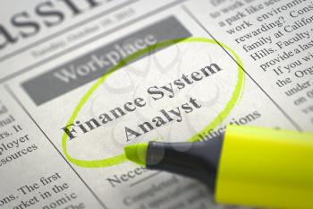 Finance System Analyst - Jobs Section Vacancy in Newspaper, Circled with a Yellow Marker. Blurred Image with Selective focus. Job Seeking Concept. 3D.