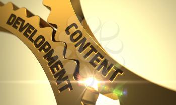 Golden Cog Gears with Content Development Concept. Content Development on the Mechanism of Golden Cogwheels. Content Development - Concept. Content Development Golden Gears. 3D Render.