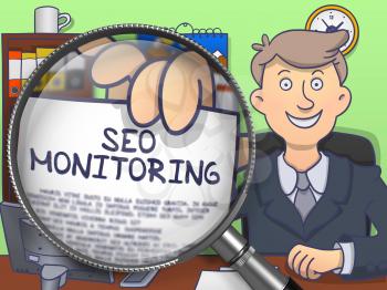 SEO Monitoring on Paper in Business Man's Hand to Illustrate a Business Concept. Closeup View through Magnifier. Colored Doodle Illustration.