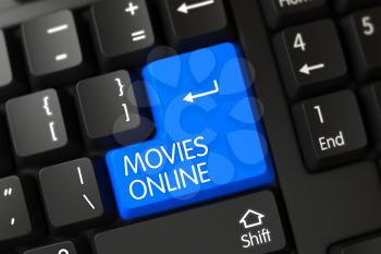 A Keyboard with Blue Keypad - Movies Online. Movies Online Concept: Black Keyboard with Movies Online, Selected Focus on Blue Enter Keypad. Modern Keyboard with Hot Button for Movies Online. 3D.