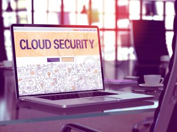 Cloud Security Concept. Closeup Landing Page on Laptop Screen in Doodle Design Style. On Background of Comfortable Working Place in Modern Office. Blurred, Toned Image. 3D Render.