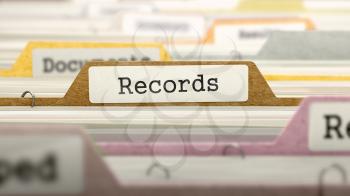 Records Concept on File Label in Multicolor Card Index. Closeup View. Selective Focus. 3D Render. 