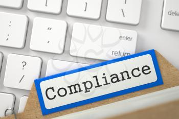Compliance written on Blue File Card Lays on White PC Keyboard. Closeup View. Blurred Image. 3D Rendering.