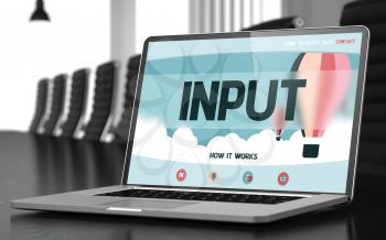 Input Concept. Closeup of Landing Page on Mobile Computer Screen in Modern Meeting Hall. Toned Image. Blurred Background. 3D Render.