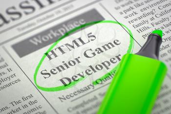HTML5 Senior Game Developer. Newspaper with the Jobs Section Vacancy, Circled with a Green Marker. Blurred Image. Selective focus. Hiring Concept. 3D Illustration.