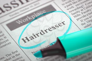 Hairdresser - Advertisements and Classifieds Ads for Vacancy in Newspaper, Circled with a Azure Highlighter. Blurred Image. Selective focus. Concept of Recruitment. 3D Rendering.