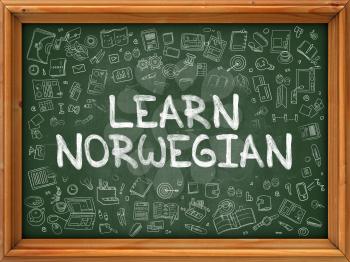 Hand Drawn Learn Norwegian on Green Chalkboard. Hand Drawn Doodle Icons Around Chalkboard. Modern Illustration with Line Style.