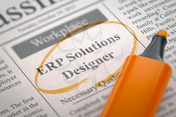 Newspaper with Job Vacancy ERP Solutions Designer. Blurred Image with Selective focus. Job Seeking Concept. 3D.