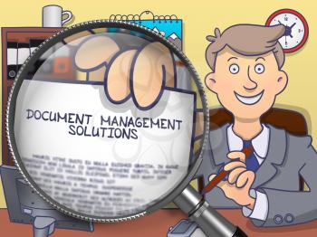 Document Management Solutions. Concept on Paper in Man's Hand through Magnifier. Colored Doodle Illustration.