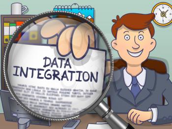 Data Integration through Magnifier. Businessman Holds Out a Paper with Concept. Closeup View. Colored Doodle Style Illustration.