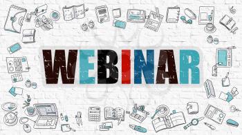 Webinar - Multicolor Concept with Doodle Icons Around on White Brick Wall Background. Modern Illustration with Elements of Doodle Design Style.