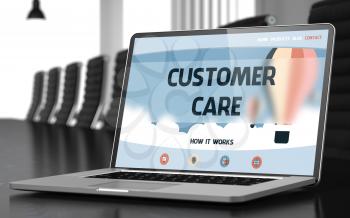 Customer Care on Landing Page of Mobile Computer Display in Modern Conference Hall Closeup View. Toned. Blurred Image. 3D Illustration.