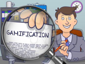 Gamification. Man Showing a Paper with Concept through Magnifier. Colored Modern Line Illustration in Doodle Style.