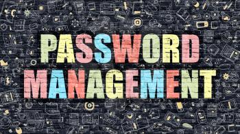 Password Management Concept. Modern Illustration. Multicolor Password Management Drawn on Dark Brick Wall. Doodle Icons. Doodle Style of Password Management Concept. Password Management on Wall.