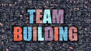 Team Building Concept. Team Building Drawn on Dark Wall. Team Building in Multicolor. Team Building Concept. Modern Illustration in Doodle Design of Team Building.