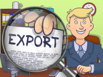 Export on Paper in Officeman's Hand through Lens to Illustrate a Business Concept. Colored Doodle Illustration.