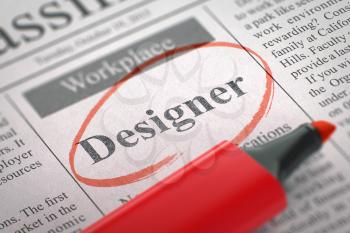 A Newspaper Column in the Classifieds with the Jobs Section Vacancy of Designer, Circled with a Red Highlighter. Blurred Image with Selective focus. Job Seeking Concept. 3D Render.